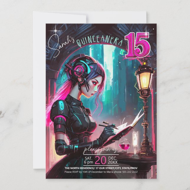 Cyberpunk Quinceanera Hot Pink/Aquamarin ID1027 Einladung (Vorderseite)