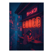 Cyberpunk-Ramen-Nachtposter – Neon-Japanische Stad