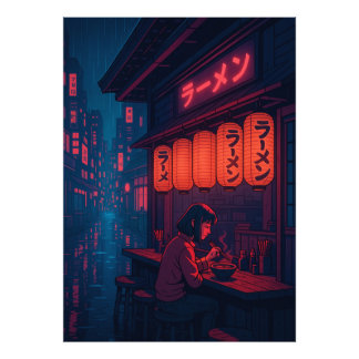 Cyberpunk-Ramen-Nachtposter – Neon-Japanische Stad Fotodruck