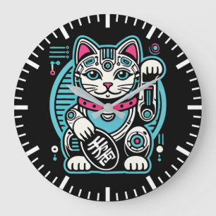Cyberpunk Robot Maneki Neko Lucky Cat, Geld Große Wanduhr