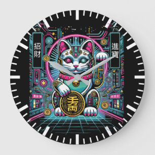 Cyberpunk Robot Maneki Neko Lucky Cat, Geld Große Wanduhr