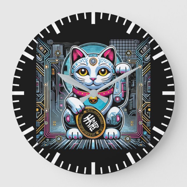 Cyberpunk Robot Maneki Neko Lucky Cat, Geld Große Wanduhr (Vorderseite)