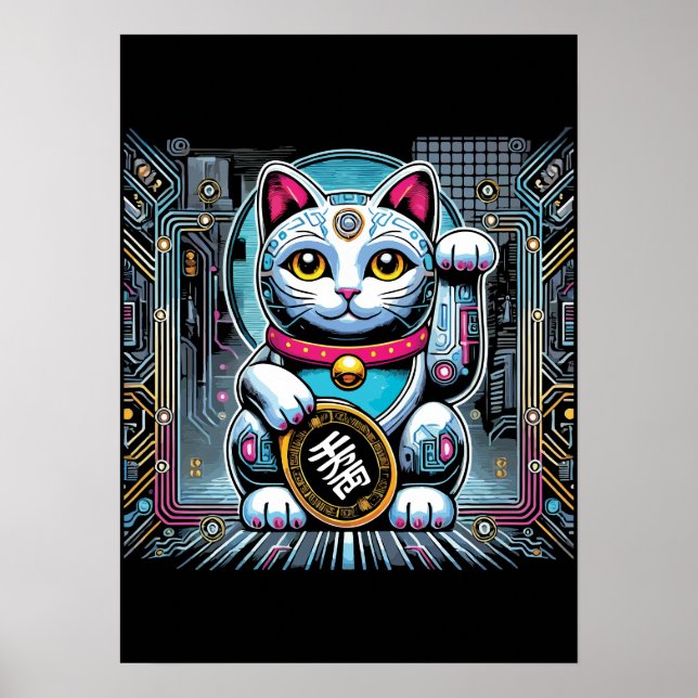 Cyberpunk Robot Maneki Neko Lucky Cat, Geld Poster (Vorne)