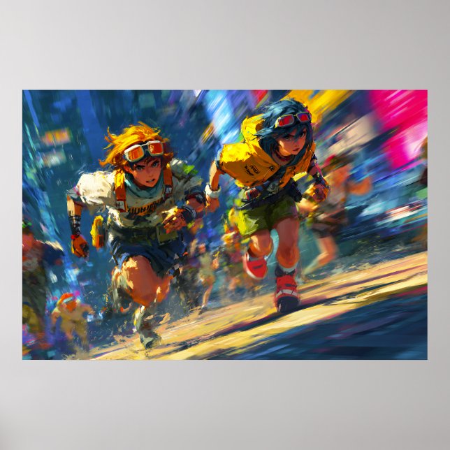 Cyberpunk Runners Sprint Neon Rain City Action Art Poster (Vorne)