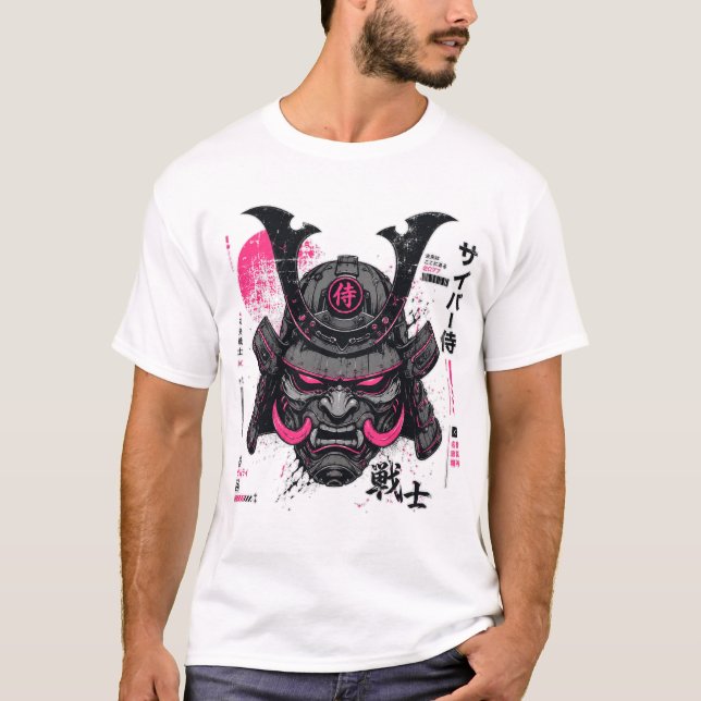 Cyberpunk-Samurai-Helm Neon-Mecha T-Shirt (Vorderseite)