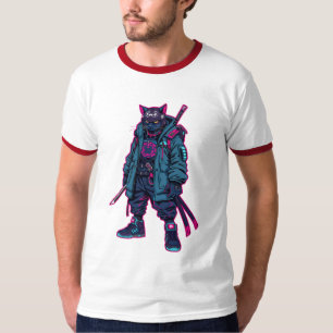 Cyberpunk Samurai Katze Neon Anime Kunst T-Shirt