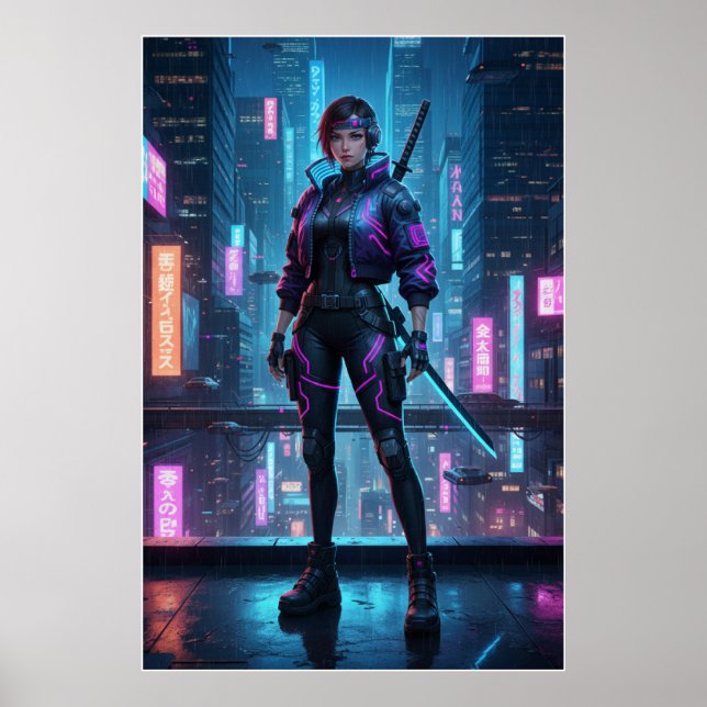 Cyberpunk-Samurai-Mädchen | Neon City Warrior Post Poster (Vorne)