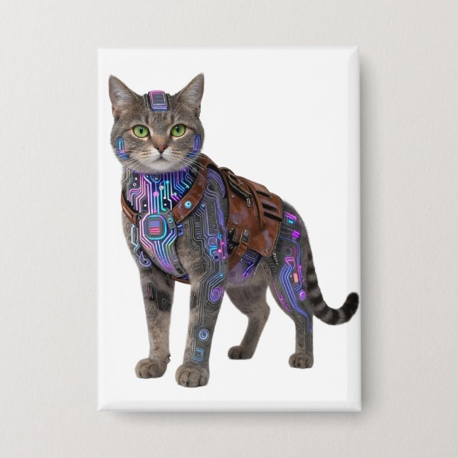 Cyberpunk-Schaltkreis-Katze – Neon-Tech-Bestie Button (Vorderseite)