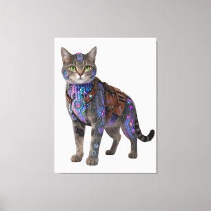 Cyberpunk-Schaltkreis-Katze – Neon-Tech-Biest Leinwanddruck