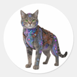 Cyberpunk-Schaltkreis-Katze – Neon-Tech-Biest Runder Aufkleber