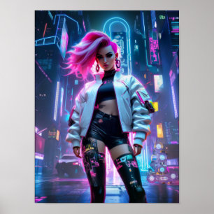 Cyberpunk-schöne Frau in der künftigen Stadt Poster