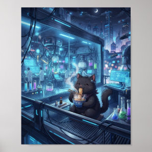 Cyberpunk-Schwarze-Katze-Ramen-Schlürfen-Poster -  Poster