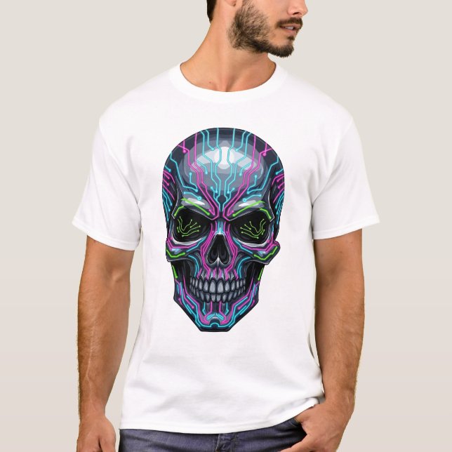 Cyberpunk Skeleton T-Shirt – Futuristic Neon Skull (Vorderseite)