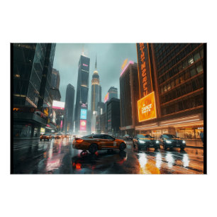 Cyberpunk Skycrapper City Cars Poster