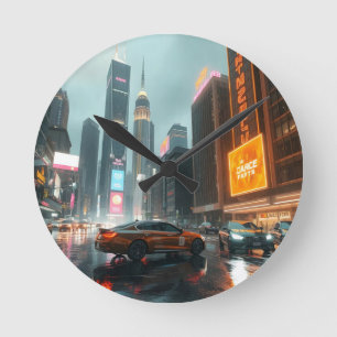 Cyberpunk Skycrapper City Cars Runde Wanduhr