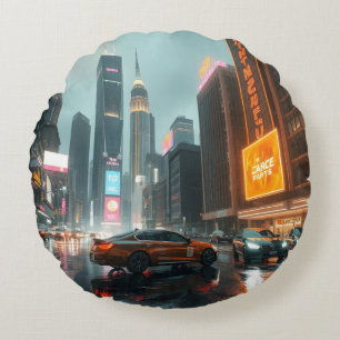 Cyberpunk Skycrapper City Cars Rundes Kissen