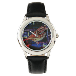 Cyberpunk Sparrow in Neon Cityscape Armbanduhr