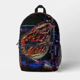 Cyberpunk Sparrow in Neon Cityscape Bedruckter Rucksack