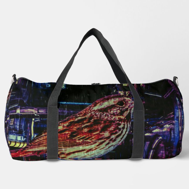Cyberpunk Sparrow in Neon Cityscape Duffle Bag (Vorderseite)