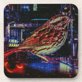 Cyberpunk Sparrow in Neon Cityscape Getränkeuntersetzer