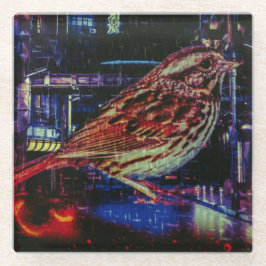 Cyberpunk Sparrow in Neon Cityscape Glasuntersetzer