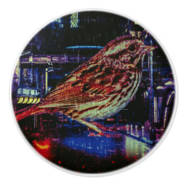 Cyberpunk Sparrow in Neon Cityscape Keramikknauf
