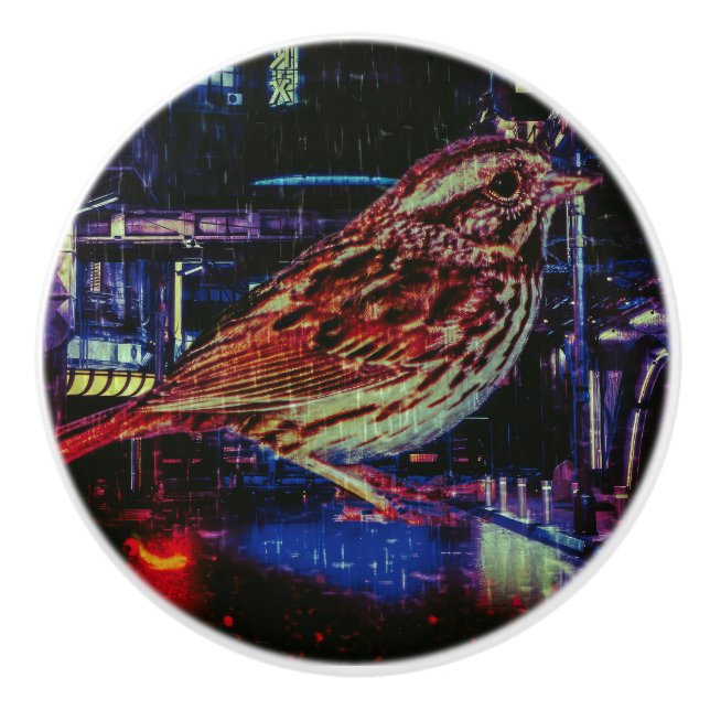 Cyberpunk Sparrow in Neon Cityscape Keramikknauf (Vorderseite)