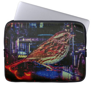 Cyberpunk Sparrow in Neon Cityscape Laptopschutzhülle