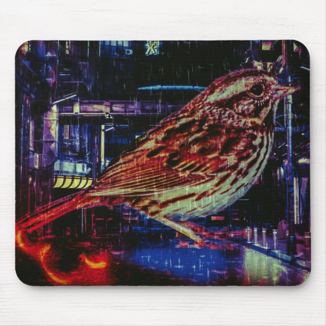 Cyberpunk Sparrow in Neon Cityscape Mousepad (Vorne)