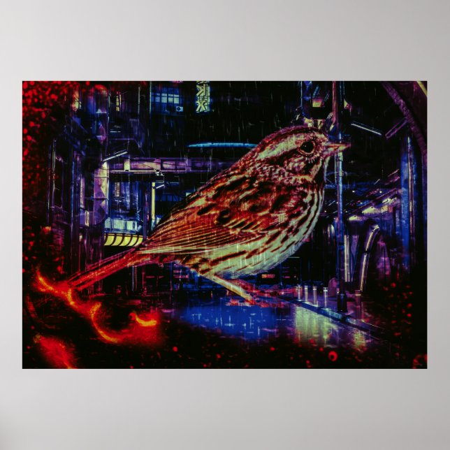 Cyberpunk Sparrow in Neon Cityscape Poster (Vorne)