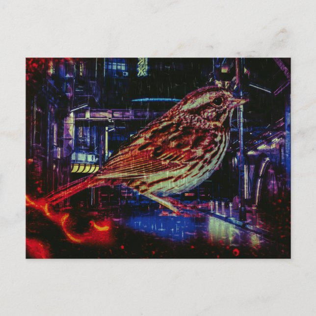 Cyberpunk Sparrow in Neon Cityscape Postkarte (Vorderseite)