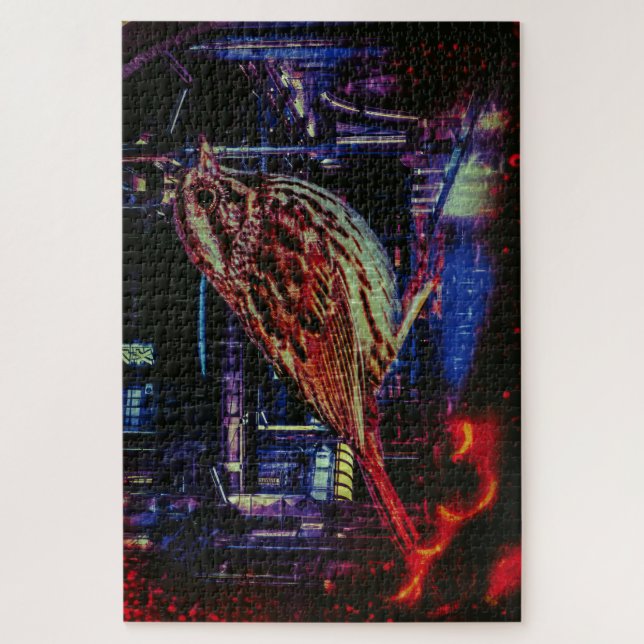 Cyberpunk Sparrow in Neon Cityscape Puzzle (Vertikal)