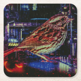 Cyberpunk Sparrow in Neon Cityscape Rechteckiger Pappuntersetzer