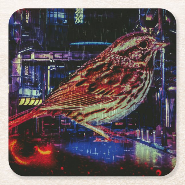 Cyberpunk Sparrow in Neon Cityscape Rechteckiger Pappuntersetzer (Vorderseite)