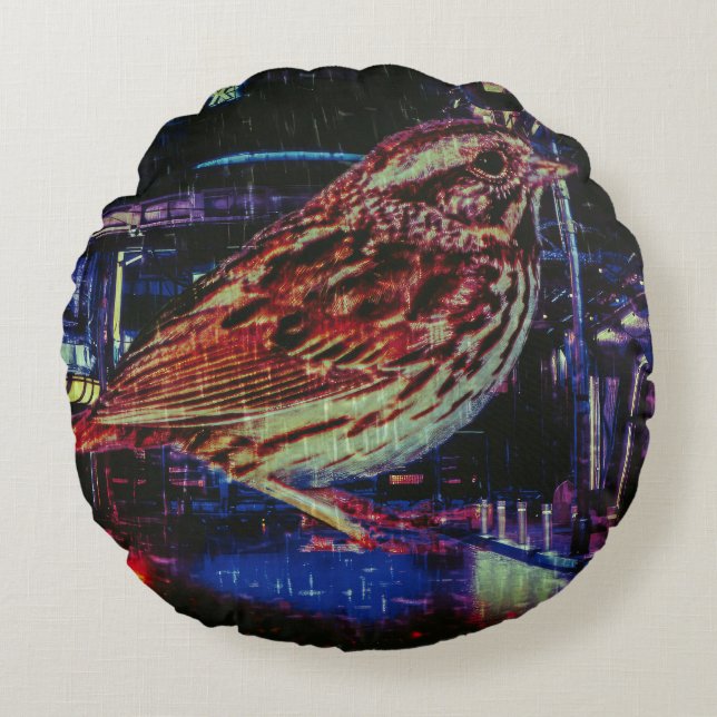 Cyberpunk Sparrow in Neon Cityscape Rundes Kissen (Vorderseite)