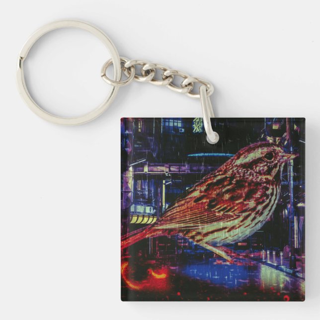 Cyberpunk Sparrow in Neon Cityscape Schlüsselanhänger (Vorderseite)