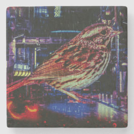 Cyberpunk Sparrow in Neon Cityscape Steinuntersetzer