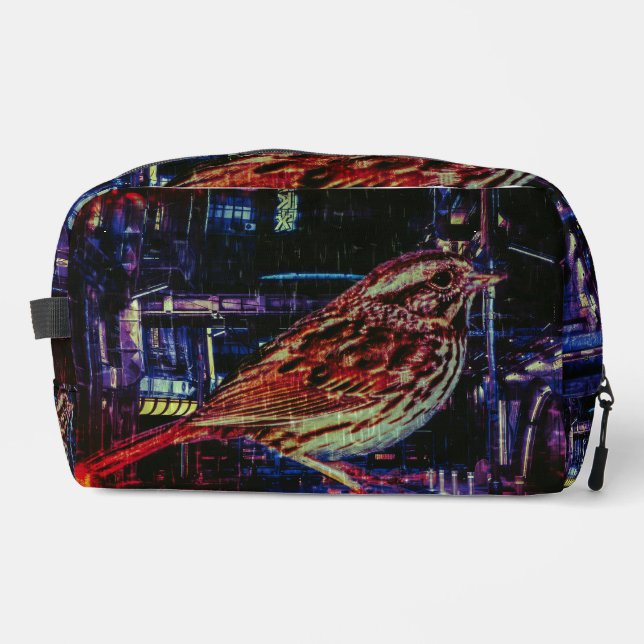 Cyberpunk Sparrow in Neon Cityscape Waschbeutel (Vorderseite)