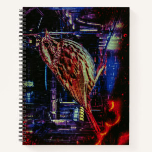 Cyberpunk-Spatz in Neon-Stadtlandschaft Notizbuch