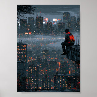 Cyberpunk-Stadtbild-Silhouette einer einsamen Figu Poster