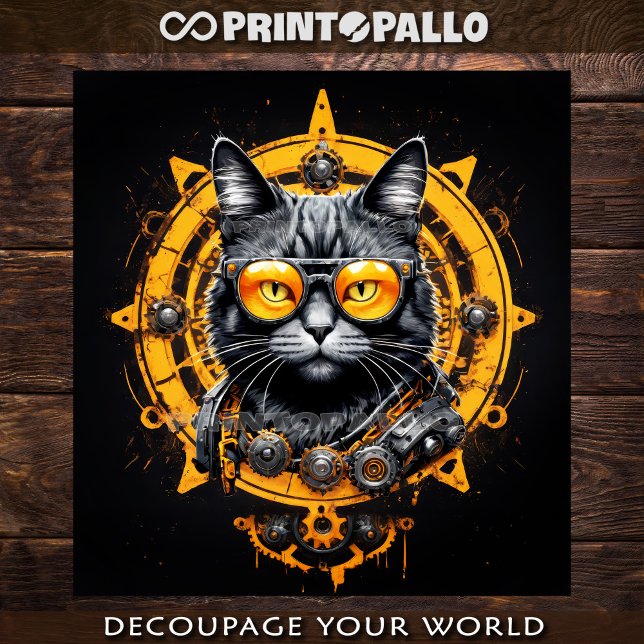 Cyberpunk-Steampunk-Katze mit Brille - Decoupage  Geschenkpapier Set (Von Creator hochgeladen)