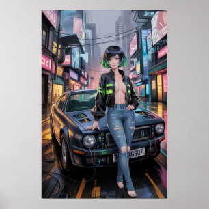 Cyberpunk Street Racer - Futuristic Anime Girl & R Poster