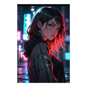 Cyberpunk Streetwear Anime Mädchen Neon-Nachtstadt Fotodruck