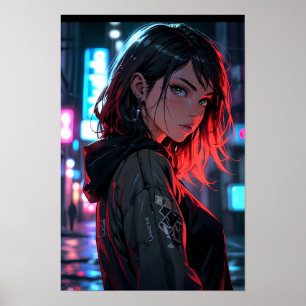 Cyberpunk Streetwear Anime Mädchen Neon-Nachtstadt Poster