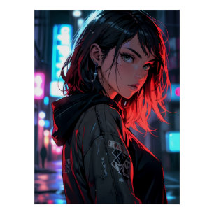 Cyberpunk Streetwear Anime Mädchen Neon-Nachtstadt Poster
