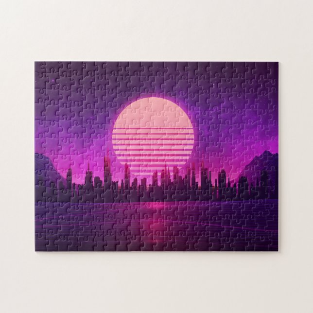 Cyberpunk-Synthwave-Scifi-Rosa schwarz Puzzle (Horizontal)