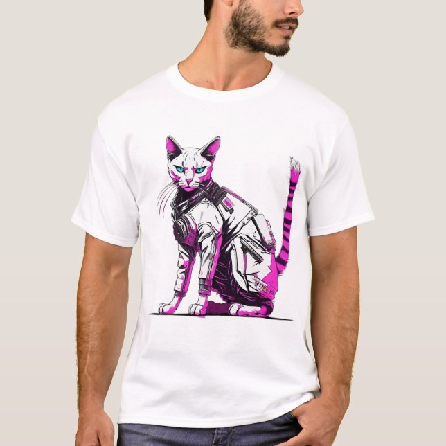 Cyberpunk Tactical Cat in Neon Gear T-Shirt (Vorderseite)