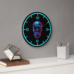 Cyberpunk-Totenschädel-Neon-Synthwave-Glow-Gamer-G Große Wanduhr
