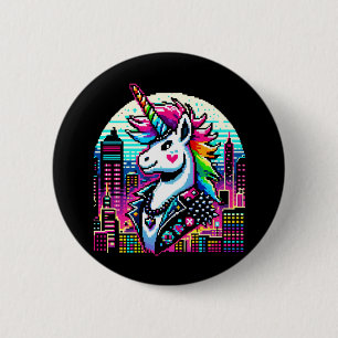 Cyberpunk Unicorn Neon Pixel Art City Design Button