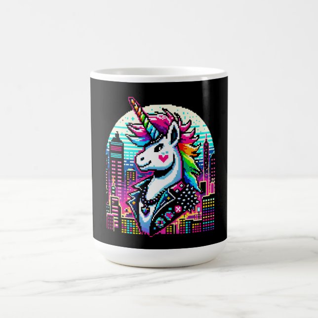 Cyberpunk Unicorn Neon Pixel Art City Design Kaffeetasse (Mittel)